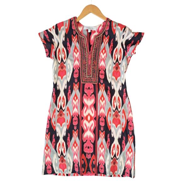 BELLA TU Ikat Hand Beaded Tunic Dress Size Small in Red Cap Sleeve - Picture 7 of 9